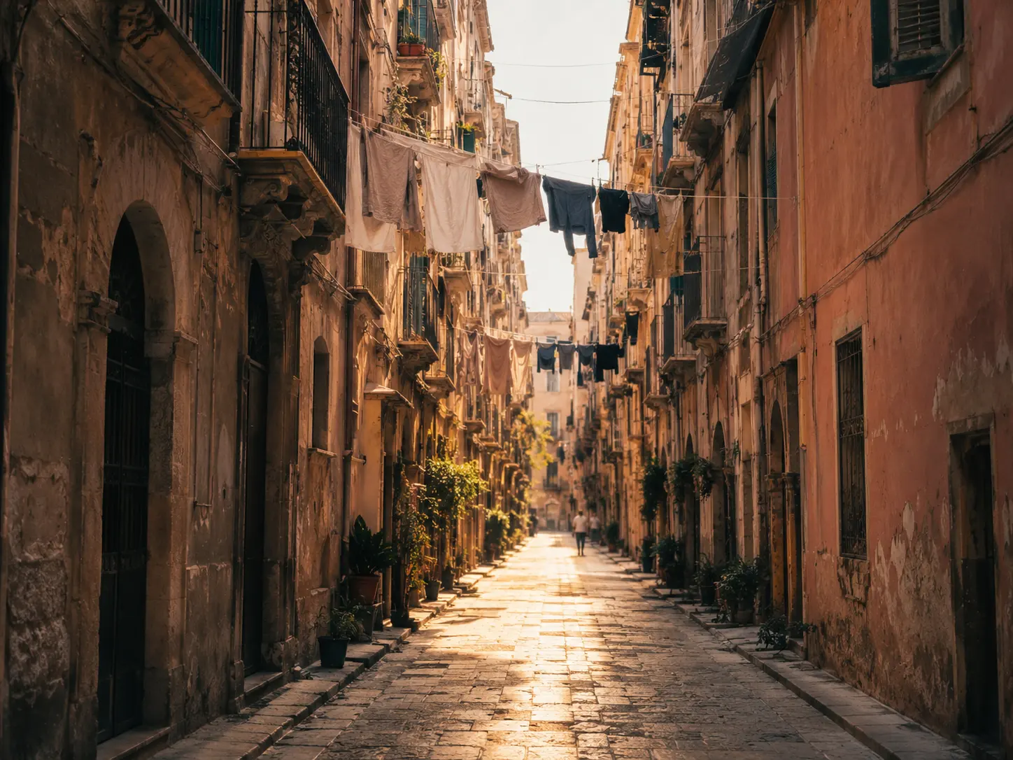 Una stradina soleggiata nel quartiere della Kalsa a Palermo, fili con il bucato e facciate di pietra calda