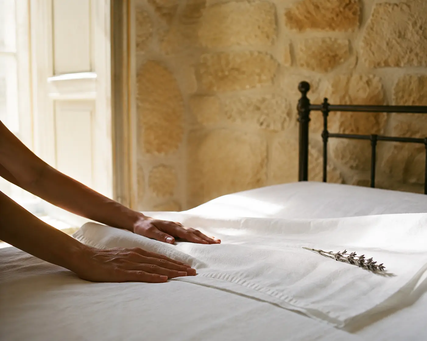 Lenzuola bianche fresche di bucato stese su un letto