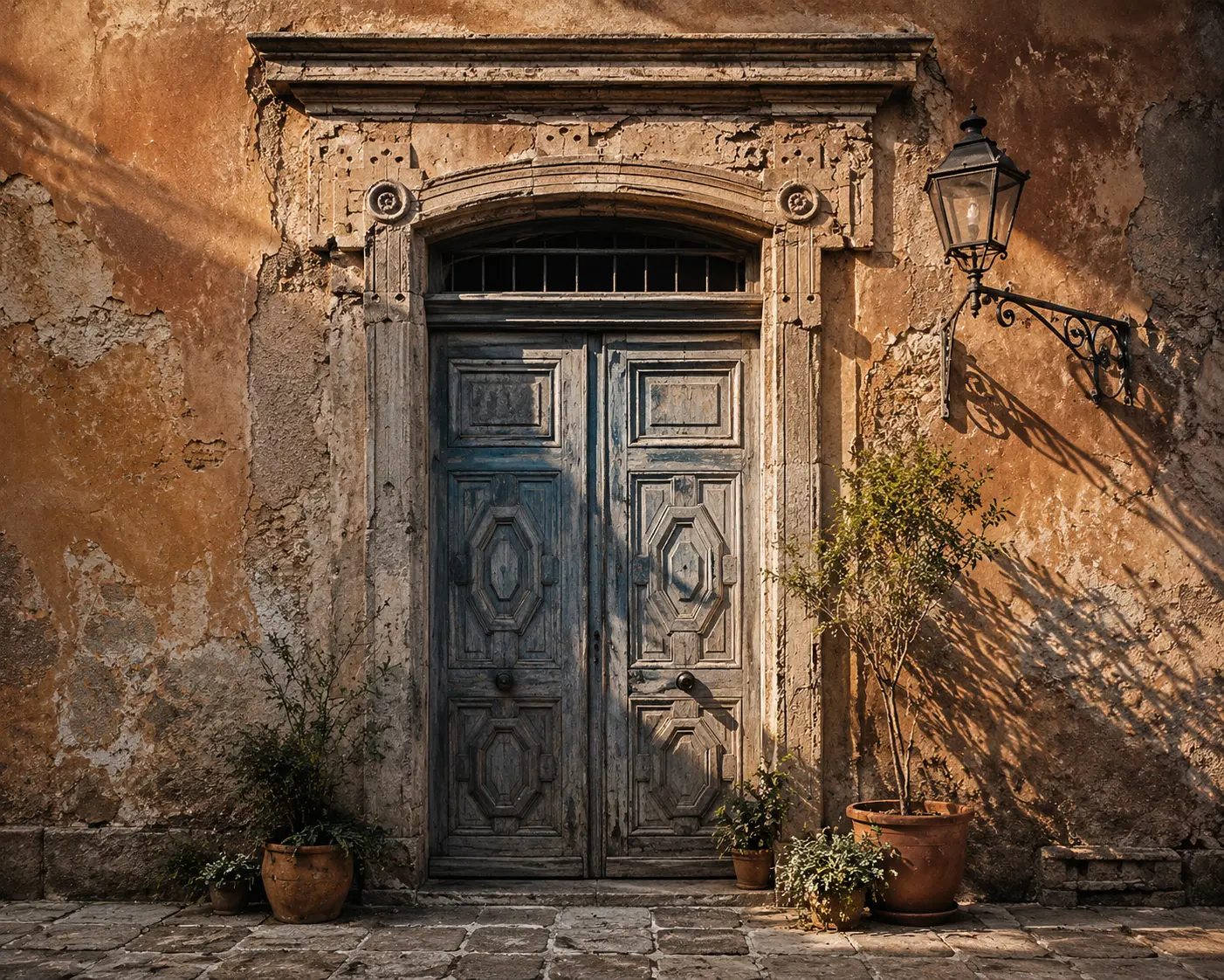 Un portone antico in un cortile della Palermo storica, luce calda del pomeriggio, pareti color terracotta sbiadite