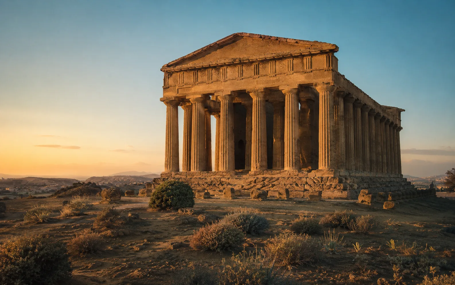 Un tempio greco al tramonto nella Valle dei Templi, Agrigento