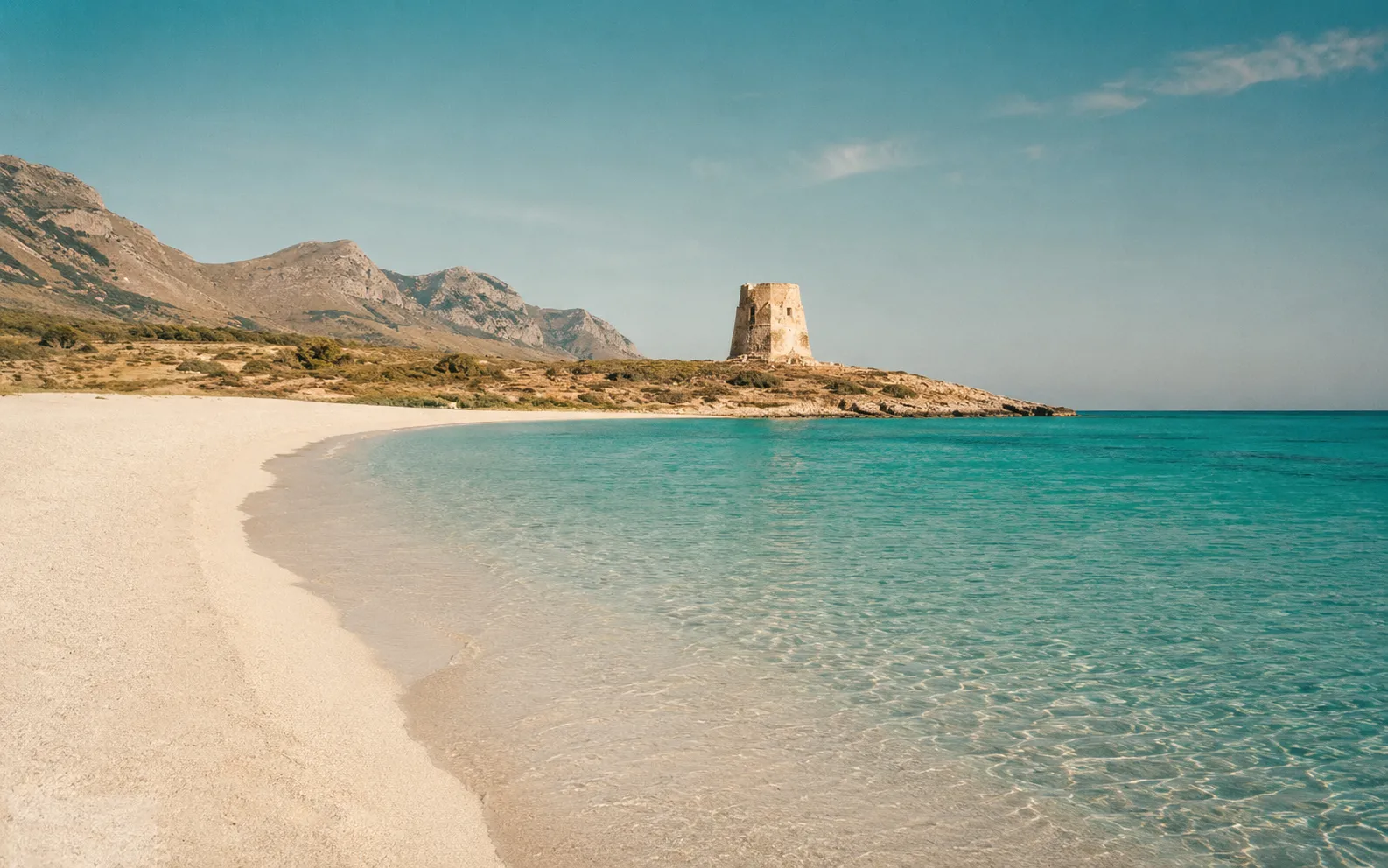 La spiaggia bianca di San Vito Lo Capo con una torre saracena sullo sfondo