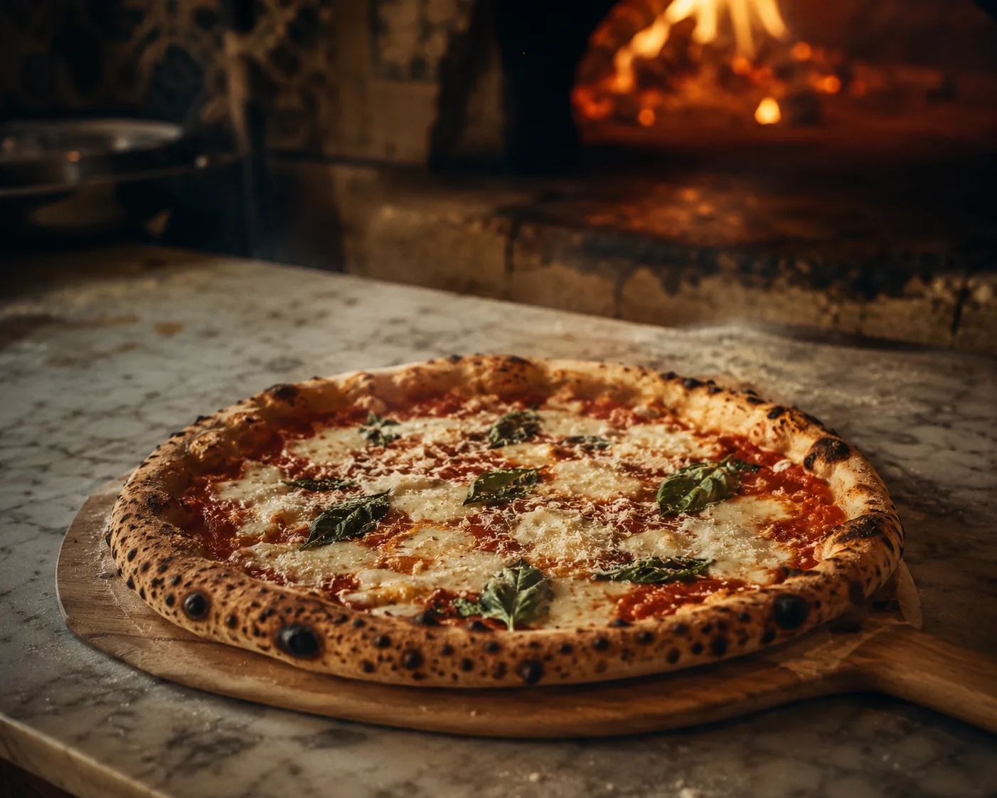 Una pizza napoletana appena sfornata su una pala di legno