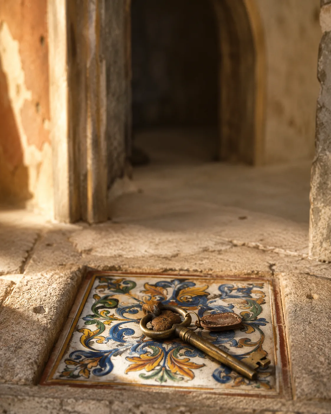 Una chiave in ottone su una maiolica dipinta a mano accanto a una porta ad arco