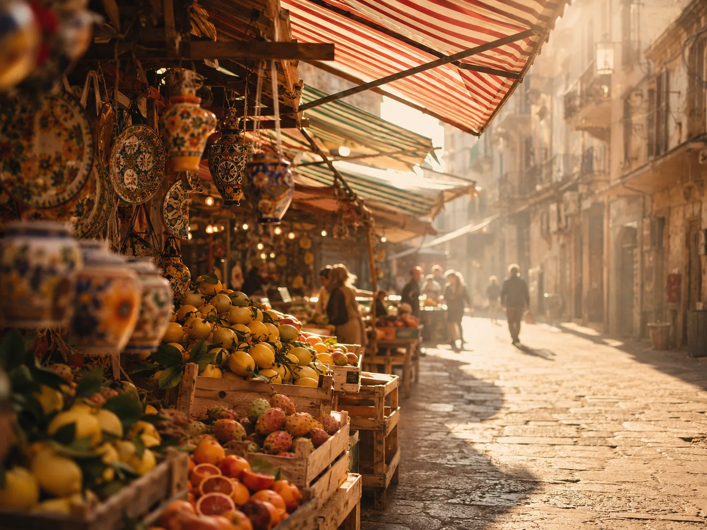 Un mercato storico di Palermo al tramonto, crate di limoni e arance, ceramiche di maiolica appese tra le bancarelle