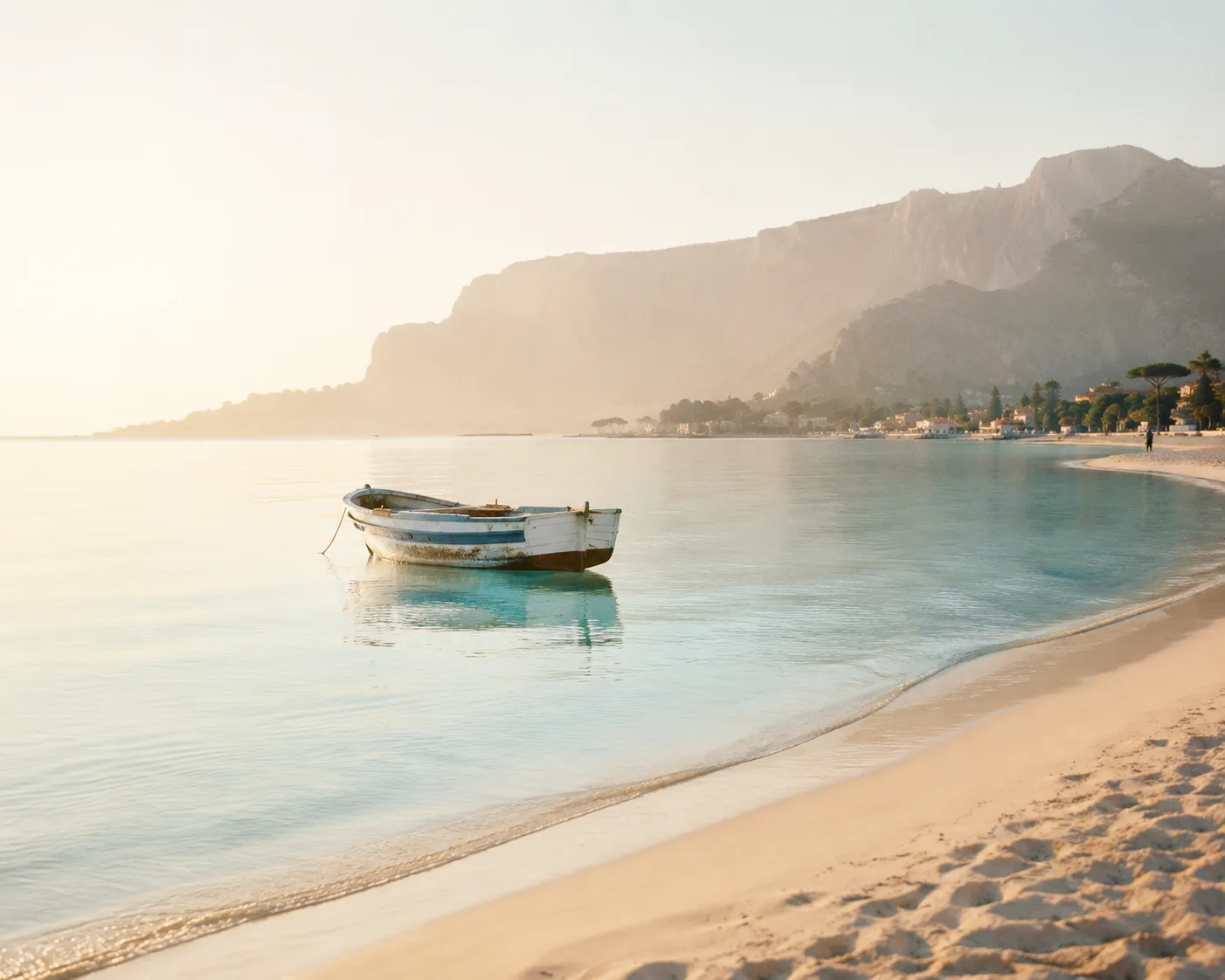 La spiaggia di Mondello all'alba, acqua turchese e una barca da pesca bianca e blu